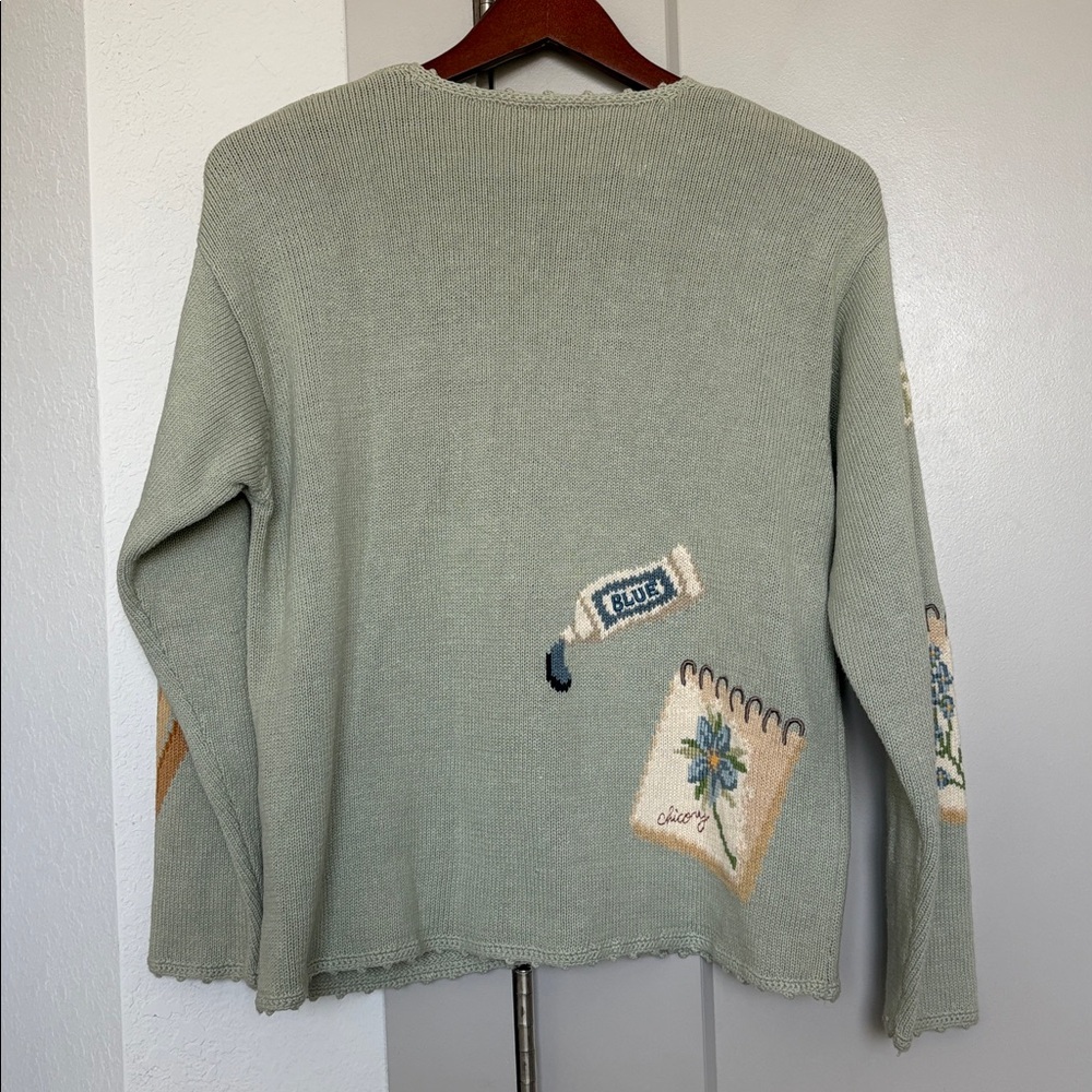 VINTAGE 90S TALBOTS GREEN PAINT ART PAINT THEMED KNIT CARDIGAN SWEATER WOMENS PM - Picture 5 of 6